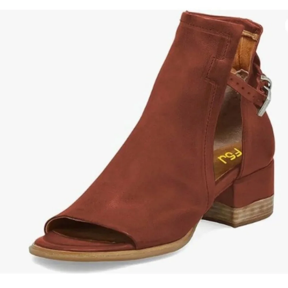 FSJ Saddle Brown Peep Open Toe Cut Out Buckle Block Low Heeled Ankle Bootie